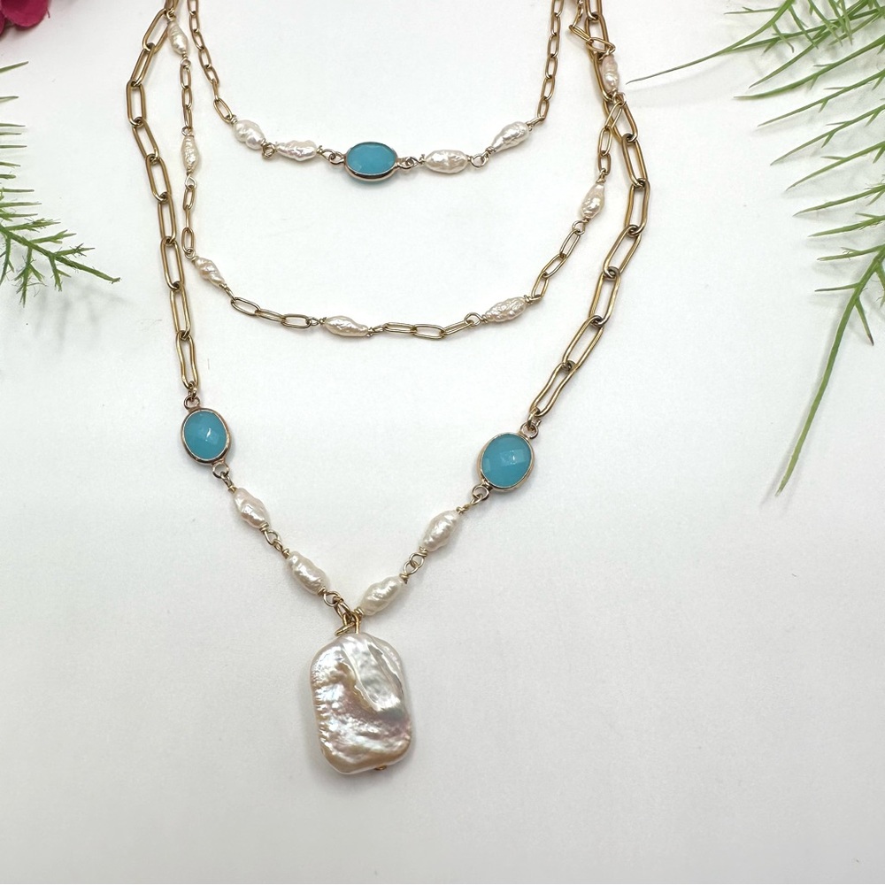 NEW⚜️Freshwater Baroque Pearl & Aqua Crystal Necklace - Picture 5 of 7